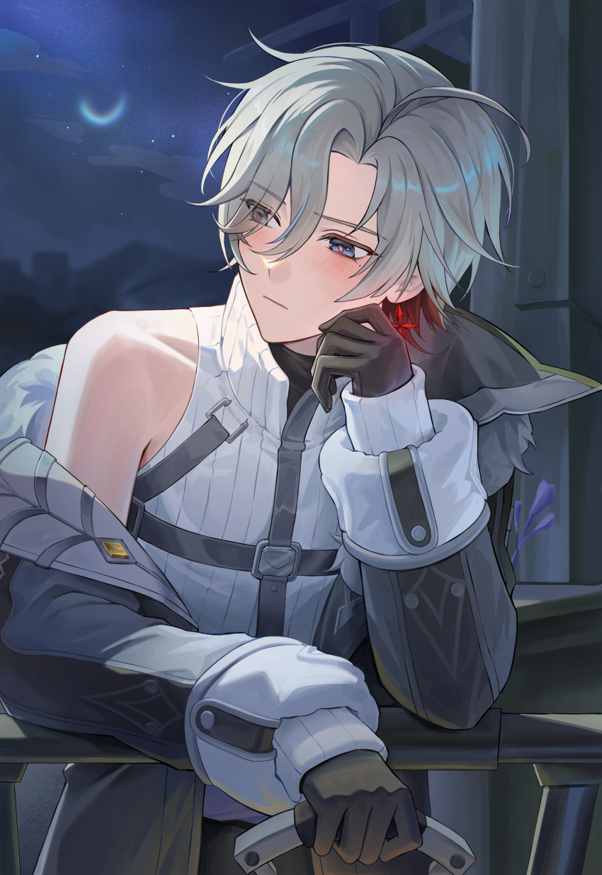 1boy absurdres arm_rest bare_shoulders black_gloves closed_mouth commentary crescent_moon earrings elbow_rest expressionless fur_trim genshin_impact gloves highres holding_lamp illuga_(genshin_impact) jewelry long_sleeves looking_to_the_side male_focus mole mole_under_eye moon night single_earring solo sury turtleneck