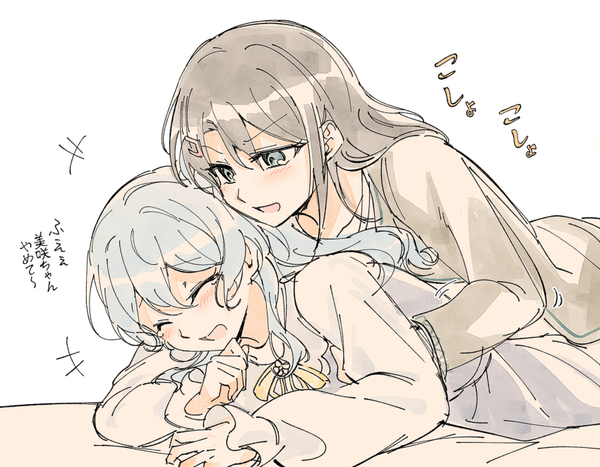 2girls bang_dream! black_hair black_hoodie blue_eyes blue_hair blush closed_eyes hood hoodie long_hair matsubara_kanon multiple_girls okusawa_misaki open_mouth opi shirt simple_background tears tickling translation_request white_background white_shirt yuri