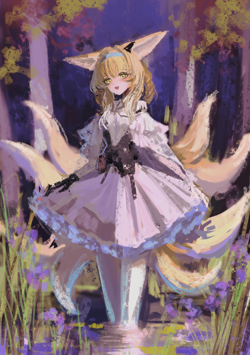 1girl absurdres aged_up animal_ears arknights blonde_hair blue_hairband commentary dress earpiece fox_ears fox_girl fox_tail hairband highres kitsune kyuubi material_growth multiple_tails open_mouth oripathy_lesion_(arknights) shino_duka solo suzuran_(arknights) tail
