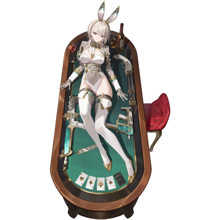 1girl alcohol assault_rifle black_survival bottle breasts brown_thighhighs card chair closed_mouth cup drinking_glass eternal_return:_black_survival full_body gloves gold_sandals grey_eyes grey_gloves grey_shrug gun haze_(black_survival) high_heels highleg highleg_leotard highres large_breasts leotard long_hair long_sleeves looking_at_viewer official_alternate_costume official_art on_table playboy_bunny playing_card rifle sandals shotgun shrug_(clothing) solo submachine_gun table thighhighs thighs transparent_background weapon white_hair white_leotard white_thighhighs wine_glass