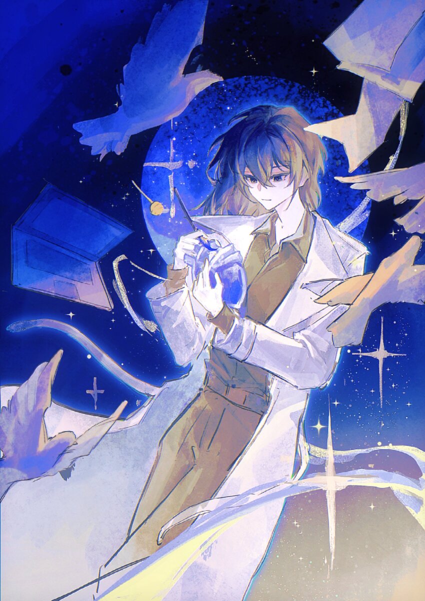 1girl absurdres bird black_eyes black_hair black_shirt blue_theme candy coat collared_shirt computer dove falling feet_out_of_frame floating food han_sooyoung heart_(organ) highres holding_heart_(organ) laptop lollipop long_hair official_alternate_costume omniscient_reader's_viewpoint open_clothes open_coat shirt short_hair solo sparkle sqtaya1 white_coat