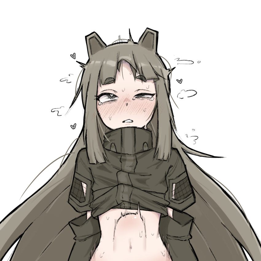 1girl animal_ears blunt_bangs blush brown_hair clothed_sex clothes_lift coat highres implied_sex long_hair maus_girl_(mliko444) mechanical_ears navel original shirt_lift sidelocks simple_background stomach_bulge white_background zlix0n