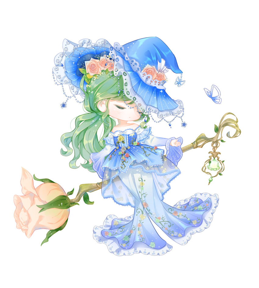 1girl absurdres bare_shoulders blue_dress blue_hat broom broom_riding butterfly_hat_ornament chibi chinese_commentary closed_eyes closed_mouth collarbone commentary_request dress dress_flower expressionless floral_print flower frilled_headwear green_hair hair_flower hair_ornament hat hat_flower hat_ornament highres infinity_nikki lantern leaf_hair_ornament light_particles long_hair long_sleeves low_ponytail nikki_(series) off-shoulder_dress off_shoulder official_alternate_color orange_flower orange_rose pink_flower pink_rose ponytail print_dress rainfall_&amp;_blossoms_(infinity_nikki) red_flower red_rose rose rose_print shenqi_tuoxie_zai_nali simple_background solo unconventional_broom very_long_hair wavy_hair white_background wide_sleeves witch witch_hat yellow_flower