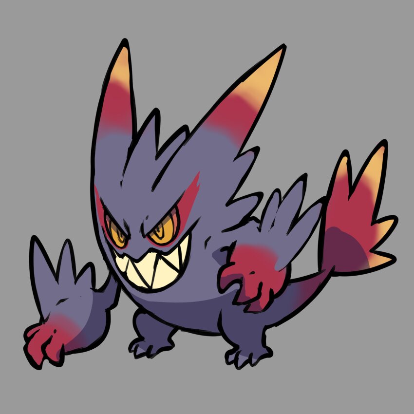 absurdres adoptable colored_sclera commentary english_commentary evil_grin evil_smile fakemon full_body gen_1_pokemon gengar grey_background grin highres mega_gengar mega_pokemon nintendo no_humans original pokemon pokemon_(creature) pokemon_focus rgreywind sharp_teeth simple_background smile solo teeth v-shaped_eyes yellow_eyes yellow_sclera