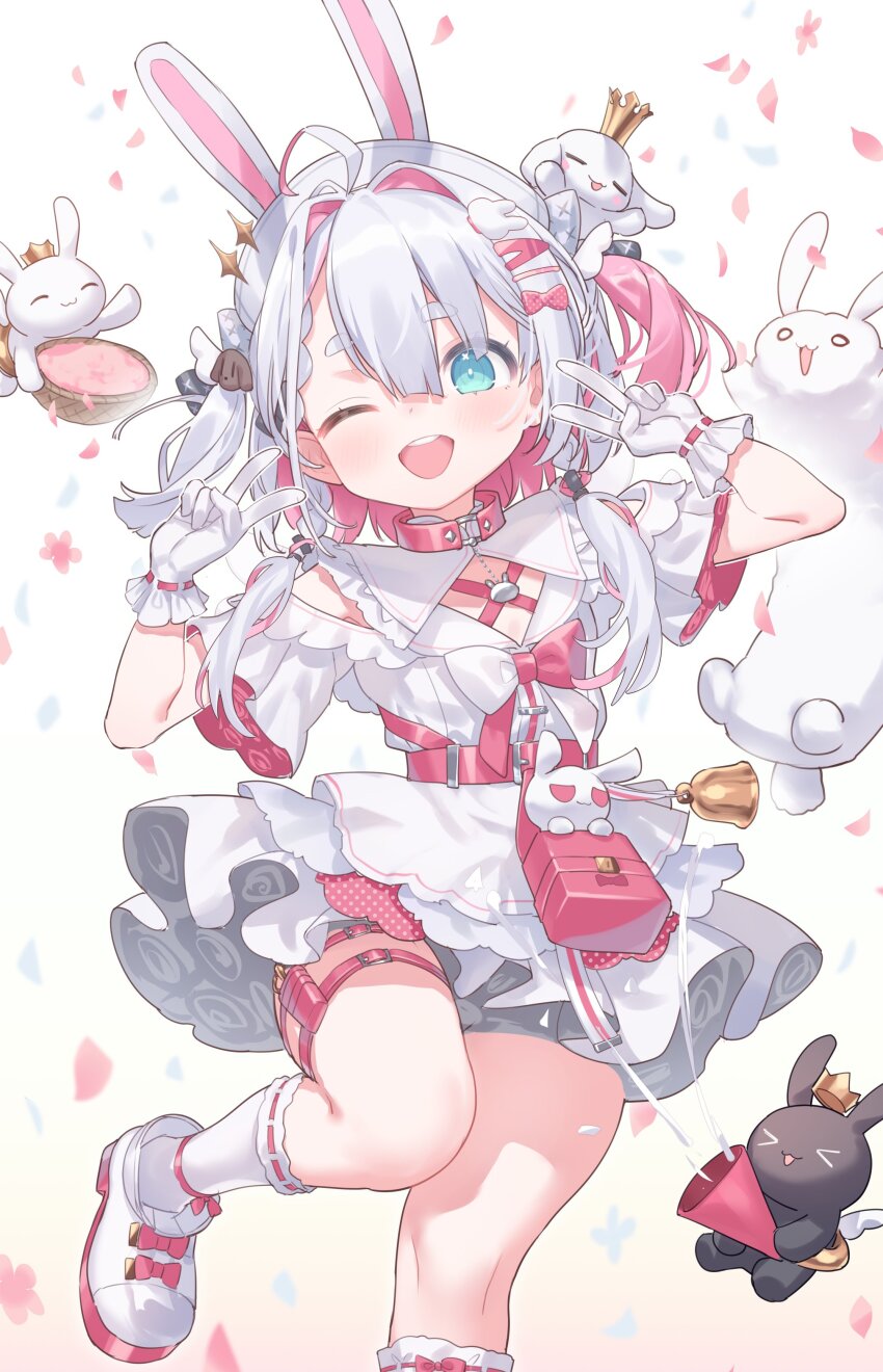 1girl ;d absurdres animal animal_ears blue_eyes blush collar commentary commission crown double_v dress foot_out_of_frame gloves grey_hair hair_between_eyes hair_intakes hands_up hat highres hiraga_matsuri long_hair looking_at_viewer low_twintails multiple_thigh_straps one_eye_closed open_mouth original party_popper pink_collar rabbit rabbit_ears rabbit_girl shoes short_sleeves simple_background skeb_commission smile socks solo standing standing_on_one_leg thigh_strap twintails v white_background white_dress white_gloves white_hat white_shoes white_socks