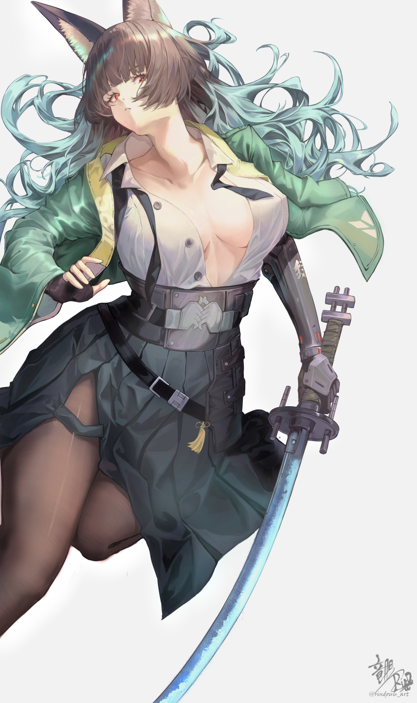 1girl absurdres animal_ear_fluff animal_ears aqua_jacket arm_out_of_sleeve black_gloves black_hair black_necktie black_skirt blunt_bangs breasts brown_pantyhose collarbone commentary_request fingerless_gloves floating_hair fox_ears fox_girl gauntlets gloves grey_background high-waist_skirt highres holding holding_sword holding_weapon hoshimi_miyabi jacket katana large_breasts leg_up linzhekuan long_hair looking_to_the_side necktie pantyhose red_eyes shirt simple_background single_fingerless_glove single_gauntlet single_glove skirt solo sword twitter_username unbuttoned undone_necktie weapon white_shirt zenless_zone_zero