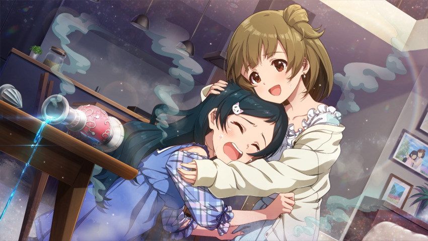 2girls black_hair blue_dress brown_hair cat_hair_ornament closed_eyes commentary_request crying dress dutch_angle game_cg hair_ornament hug idolmaster idolmaster_million_live! idolmaster_million_live!_theater_days indoors kitazawa_shiho long_hair long_sleeves multiple_girls nakatani_iku official_alternate_hair_color official_art one_side_up open_mouth spill table third-party_source