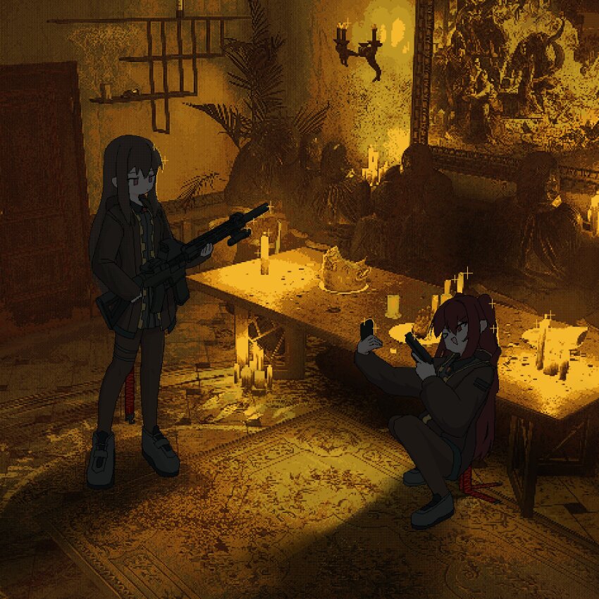 >_o 2girls alibina_(sentinel_girls) ar-15 black_hair black_jacket candle commentary corpse english_commentary escape_from_tarkov game_screenshot_background gun handgun hayasabro highres holding holding_gun holding_phone holding_weapon indoors jacket jitome long_sleeves looking_at_another magic_circle marfusha_(sentinel_girls) multiple_girls one_eye_closed open_mouth painting_(object) pants phone ponytail red_hair rifle rug screenshot_background selfie sentinel_girls shoes smile sneakers squatting standing table taking_picture weapon wide_shot