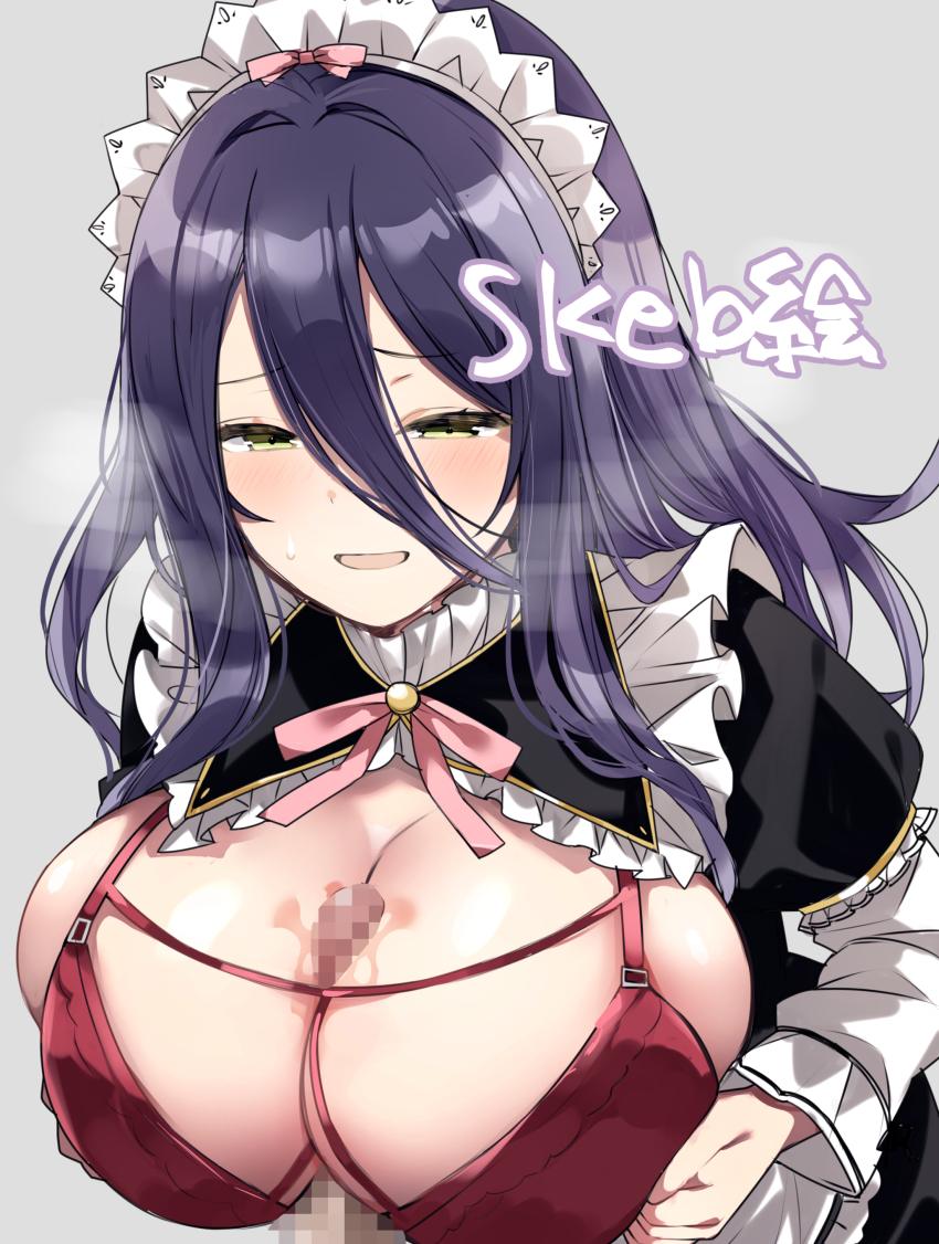 1girl absurdres black_hair bra breasts censored character_request commission copyright_request frills grey_background hair_between_eyes highres large_breasts long_hair long_sleeves maid maid_headdress mosaic_censoring open_mouth paizuri penis pink_ribbon red_bra ribbon skeb_commission sweat underwear urabanasimati yellow_eyes