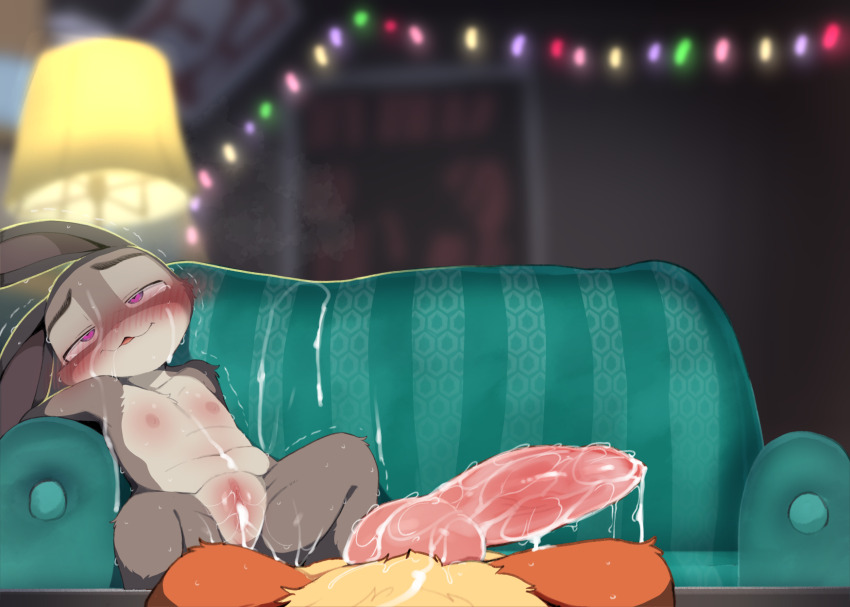 1boy 1girl after_vaginal aftersex animal_ears animal_penis blush brown_fur couch cum cum_in_pussy cum_on_body cum_on_upper_body dagasi dog_penis facial flat_chest furry furry_female furry_male furry_with_furry hetero highres interspecies judy_hopps knotted_penis loli nick_wilde nipples penis rabbit_ears tagme uncensored zootopia