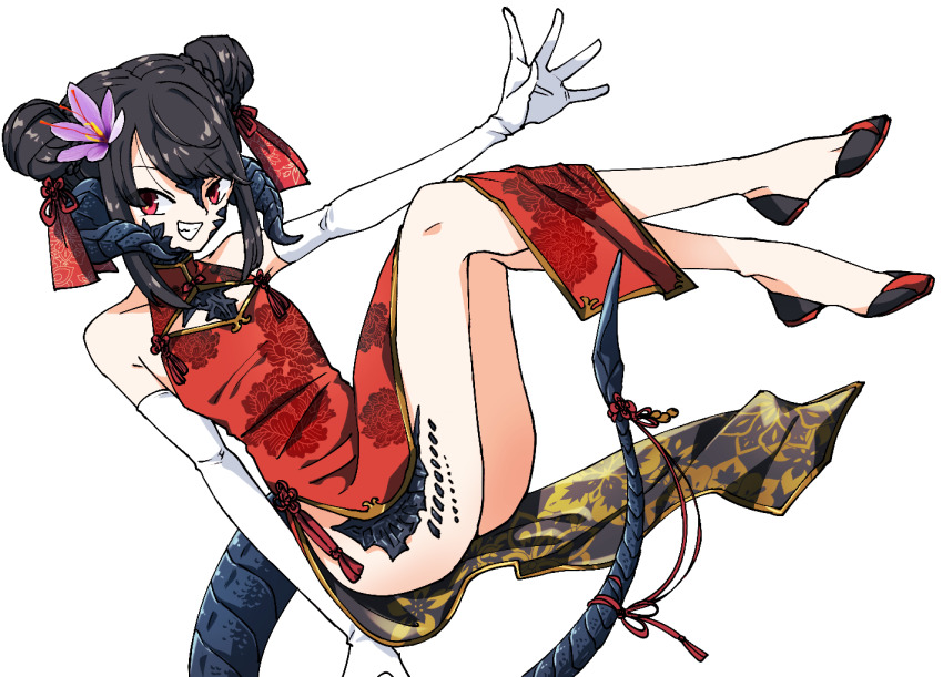 1other au_ra china_dress chinese_clothes commission commissioner_upload dragon_horns dragon_tail dress elbow_gloves final_fantasy final_fantasy_xiv flower gloves hair_bun hair_flower hair_ornament hair_ribbon horns izumi_tol_amulius non-web_source original red_dress red_eyes ribbon sakuma_gin_maru_sakuma scales shoes skeb_commission smile tail tail_ornament white_gloves