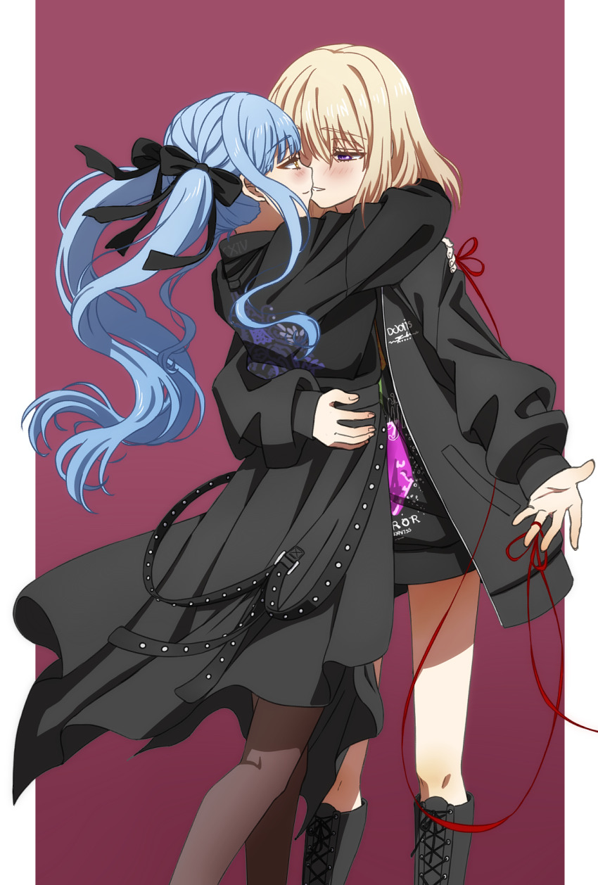 2girls arms_around_neck bang_dream! bang_dream!_it's_mygo!!!!! black_boots black_coat black_jacket black_pantyhose black_ribbon black_shirt blonde_hair blue_hair blush boots closed_mouth coat commentary eye_contact hair_ribbon highres jacket looking_at_another medium_hair misumi_uika multiple_girls pantyhose parted_lips purple_eyes ribbon shirt smile string string_of_fate togawa_sakiko two_side_up yellow_eyes yuri yuyu_(oiun461)
