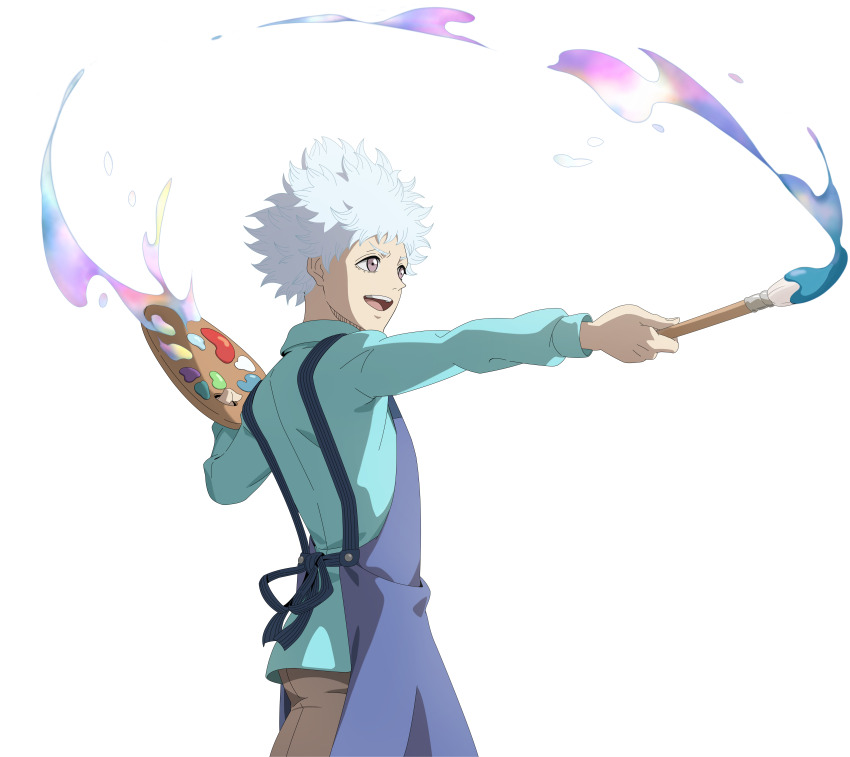 1boy absurdres apron black_clover black_clover_m:_rise_of_the_wizard_king blue_apron blue_shirt brown_eyes brown_pants easel highres holding holding_paintbrush male_focus non-web_source official_alternate_costume official_art open_mouth paintbrush pants rill_boismortier shirt short_hair simple_background solo spiked_hair teeth transparent_background upper_teeth_only white_hair