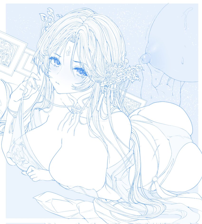 1girl arm_under_breasts arm_up ass azur_lane bare_shoulders bed_sheet blue_background blush bra_aside breasts brest_(azur_lane) brest_(moonlit_night's_spring_vista)_(azur_lane) cleavage close-up closed_mouth collarbone commander_kei commentary_request detached_collar earrings elf facial_mark finger_on_nipple fingernails forehead_mark hair_ornament high-waist_panties highres jewelry large_breasts lineart long_fingernails long_hair long_pointy_ears looking_at_viewer lying motion_lines multiple_views nipples official_alternate_costume on_bed on_stomach pointy_ears revealing_clothes see-through_clothes shawl sidelocks single_earring solo string sweatdrop underwear undressing very_long_hair white_background