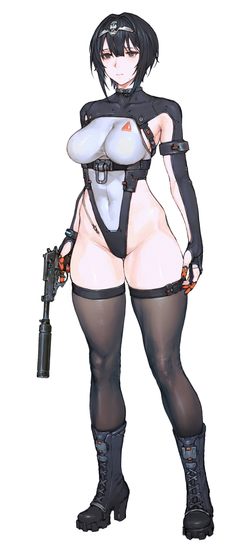 1girl absurdres black_eyes black_thighhighs bob_cut boots breasts commentary covered_navel cyan_brain full_body gun hair_between_eyes handgun high_heel_boots high_heels highleg highleg_leotard highres holding holding_gun holding_weapon impossible_clothes inverted_bob iuui large_breasts leotard mechanical_hands short_hair solo standing suppressor symbol-only_commentary thighhighs trigger_discipline weapon white_background