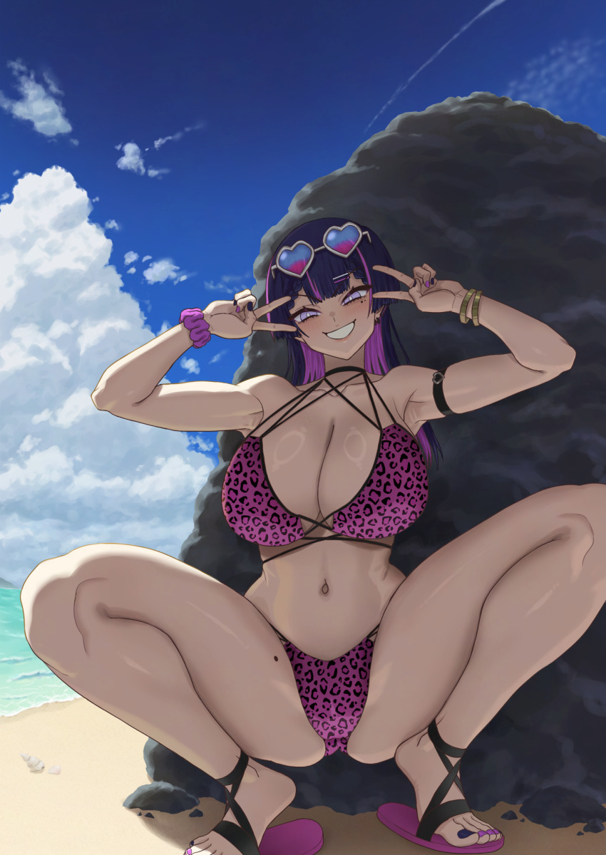 1girl animal_print arm_strap armpits beach bikini black_choker black_hair black_nails blue-tinted_eyewear blue_sky blush bracelet breasts choker cleavage cloud cloudy_sky colored_inner_hair commentary_request contrail day double_v earrings eyewear_on_head full_body grin heart heart-shaped_eyewear highres jewelry large_breasts leopard_print leopard_print_bikini long_hair looking_at_viewer mole mole_on_thigh mole_under_eye multi-strapped_bikini_top multicolored_hair multicolored_nails nail_polish navel original outdoors pink-tinted_eyewear pink_bikini pink_hair pink_nails pink_sandals pink_scrunchie print_bikini purple_eyes purple_sandals rock same_no_fukahire sandals scrunchie shade sky smile solo spread_legs squatting straight_hair string_bikini sunglasses swimsuit tinted_eyewear tiptoes toenail_polish toenails two-tone_hair v v_over_eye wide_spread_legs wrist_scrunchie