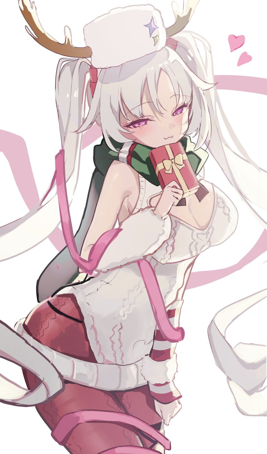 1girl :3 absurdres backless_dress backless_outfit backless_sweater bare_shoulders breasts cleavage cleavage_cutout closed_mouth clothing_cutout commentary cowboy_shot dress fake_antlers fur_hat gift green_scarf grey_hair half-closed_eyes hat heart highres hip_vent holding holding_gift horned_hat knit_pantyhose knit_sweater large_breasts laru_(snowish)_(stella_sora) laru_(stella_sora) lion2610 long_hair pantyhose pink_ribbon purple_eyes red_pantyhose ribbon scarf smile solo stella_sora sweater sweater_dress twintails very_long_hair white_dress white_hat white_sweater