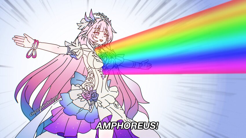 1girl artist_name blue_hair bracelet breasts cioccolatodorima commentary cowboy_shot cyrene_(honkai:_star_rail) cyrene_(demiurge)_(honkai:_star_rail) diamond-shaped_pupils diamond_(shape) dress dress_flower emphasis_lines english_commentary flower frilled_dress frills gradient_hair highres honkai:_star_rail honkai_(series) jewelry large_breasts long_hair multicolored_hair open_mouth outstretched_arms pink_eyes pink_flower pink_hair pink_rose pointy_ears rainbow rose smile solo subtitled symbol-shaped_pupils very_long_hair white_dress