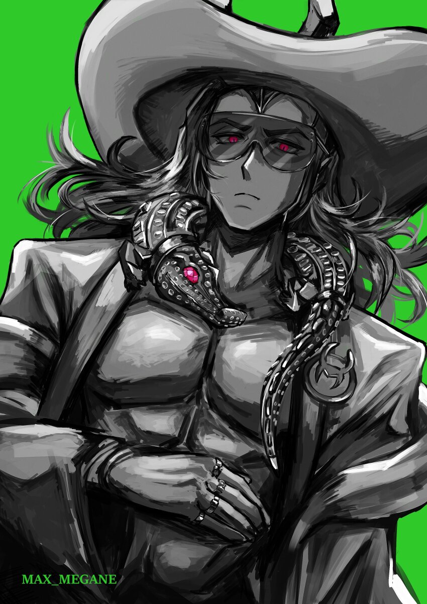 1boy abs absurdres artist_name commentary gem green_background hashtag-only_commentary highres horned_hat jewelry loki_(marvel) loki_(robe_of_relaxation)_(marvel) long_hair looking_at_viewer male_focus marvel marvel_rivals megane_(0max_megane0) multiple_rings muscular muscular_male official_alternate_costume pink_eyes pink_gem ring robe solo spot_color sunglasses symbol-only_commentary thor_(marvel)_(series)