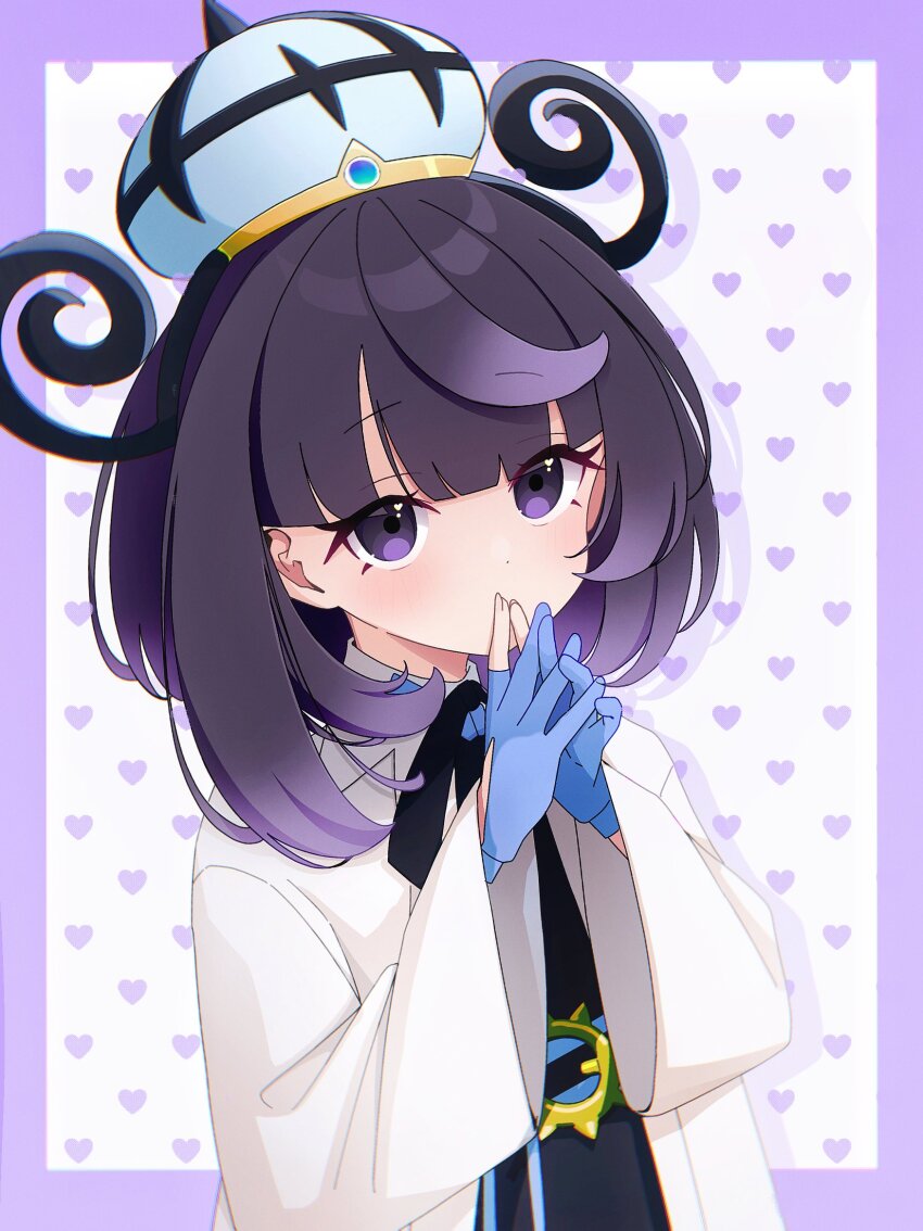 1girl alt_text black_dress blue_gloves blunt_bangs bob_cut border coat commentary_request dress geek_2d gloves gwynn_(pokemon) hat heart heart_background highres long_sleeves looking_at_viewer nintendo open_clothes open_coat outside_border own_hands_together partially_fingerless_gloves pokemon pokemon_legends:_z-a purple_border purple_eyes purple_hair short_hair solo upper_body white_coat wide_sleeves