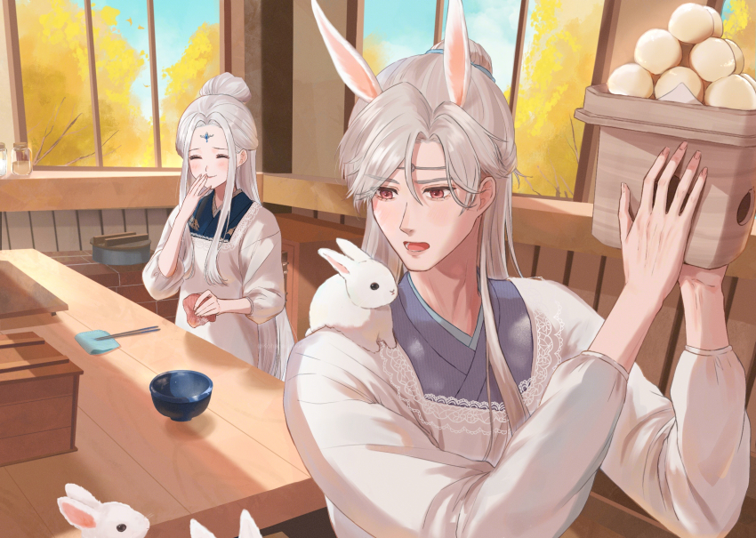 1boy 1girl ^_^ animal animal_ears animal_on_shoulder baishuo_(shining_nikki) blue_hanfu blue_sky bowl chinese_clothes closed_eyes cloud commentary_request cooking eyelashes facial_mark falling_petals fingernails food forehead_mark ginkgo_tree grey_hair hair_between_eyes hair_bun hand_to_own_mouth hanfu happy highres holding holding_food indoors kohanai_setsuna lace lace-trimmed_shirt lace_trim long_hair long_sidelocks long_sleeves looking_at_animal lower_teeth_only maid_headdress mochi nikki_(series) open_mouth petals pink_eyes purple_hanfu qingyue_(shining_nikki) rabbit_boy rabbit_ears shining_nikki shirt sidelocks single_hair_bun sky surprised table teeth upper_body very_long_hair white_shirt window