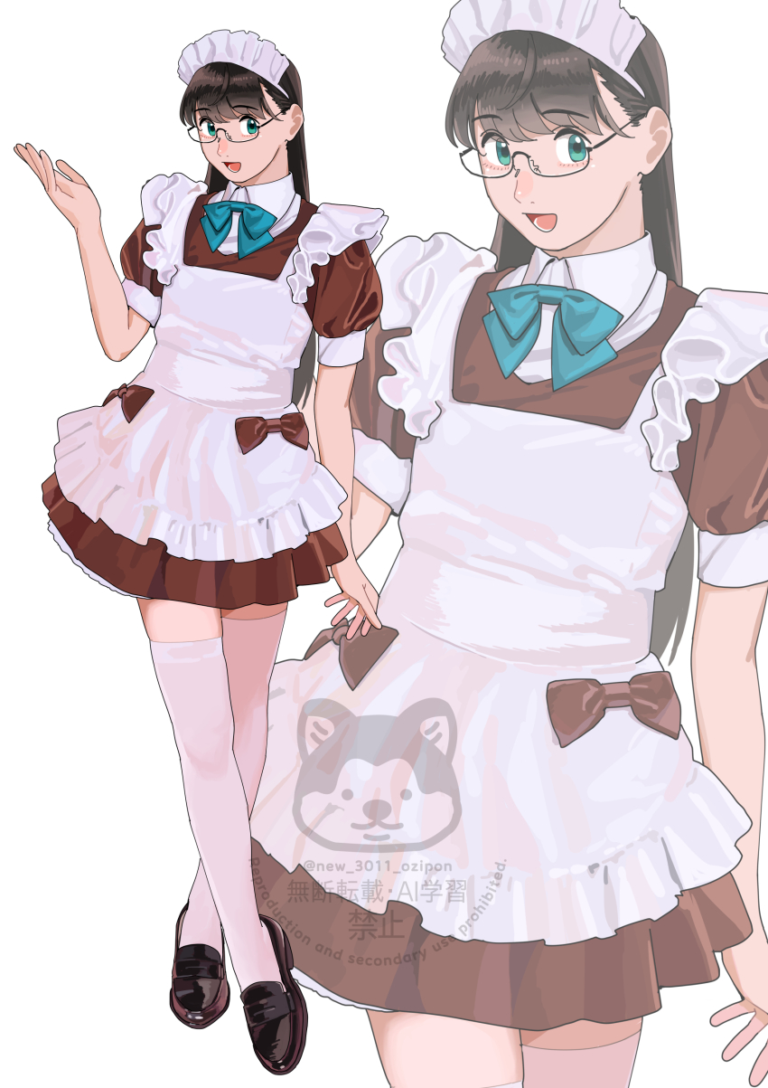 1girl absurdres alternate_costume apron black_hair black_shoes bow brown_dress dress enmaided glasses green_eyes highres kantai_collection loafers long_hair maid maid_headdress ojipon ooyodo_(kancolle) open_mouth shoes short_sleeves simple_background thighhighs white_apron white_thighhighs zoom_layer