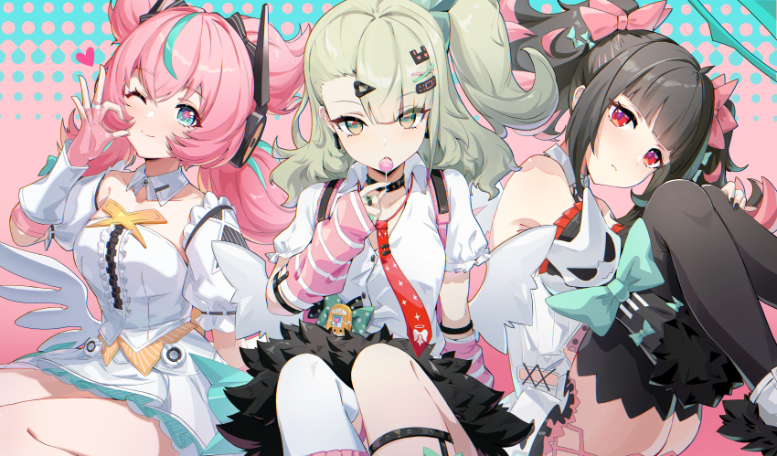 3girls absurdres angels_of_delusion aqua_hair aqua_streaks aria_(zenless_zone_zero) arm_warmers backpack bag bare_shoulders black_choker black_hair black_nails black_sleeves black_thighhighs blue_eyes blunt_bangs blush bow breasts candy center_frills choker closed_mouth collarbone collared_shirt commentary cowboy_shot crossed_bangs detached_collar detached_sleeves dress dress_shirt earrings elbow_gloves expressionless fingerless_gloves food frilled_sleeves frills gloves green_eyes green_hair hair_between_eyes hair_bow hair_ornament hairclip half-heart_hands halftone halo hand_up highres holding holding_candy holding_food holding_lollipop idol jewelry knees_up kumo33 layered_dress lollipop looking_at_viewer low_wings medium_breasts medium_hair multicolored_hair multiple_girls multiple_hair_bows nangong_yu necktie one_eye_closed one_side_up pink_arm_warmers pink_bow pink_gloves pink_hair polka_dot polka_dot_bow ponytail red_eyes red_necktie ring shirt sidelocks simple_background single_thighhigh sitting smile sparkling_eyes streaked_hair striped_arm_warmers sunna_(zenless_zone_zero) thighhighs twintails two-tone_hair virtual_pet_(toy) white_dress white_shirt white_wings wings x_hair_ornament zenless_zone_zero