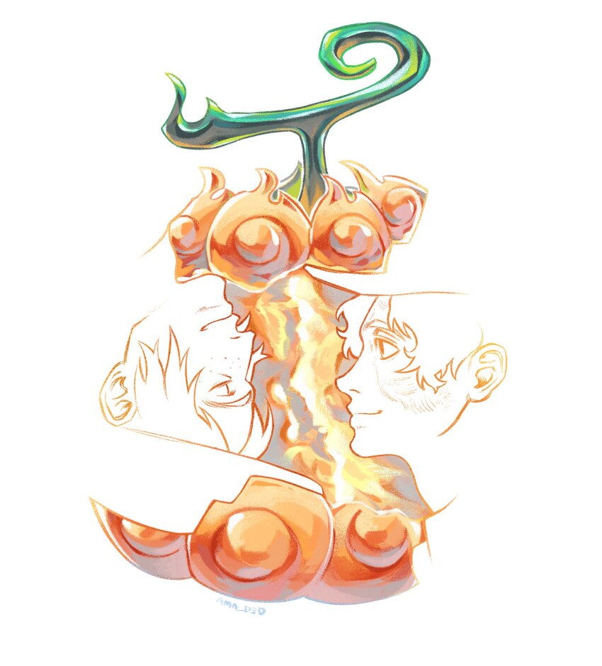 2boys appletrend artist_name dedama75092 devil_fruit freckles hashtag-only_commentary hat highres male_focus multiple_boys one_piece portgas_d._ace sabo_(one_piece) scar scar_on_face short_hair simple_background smile upside-down white_background