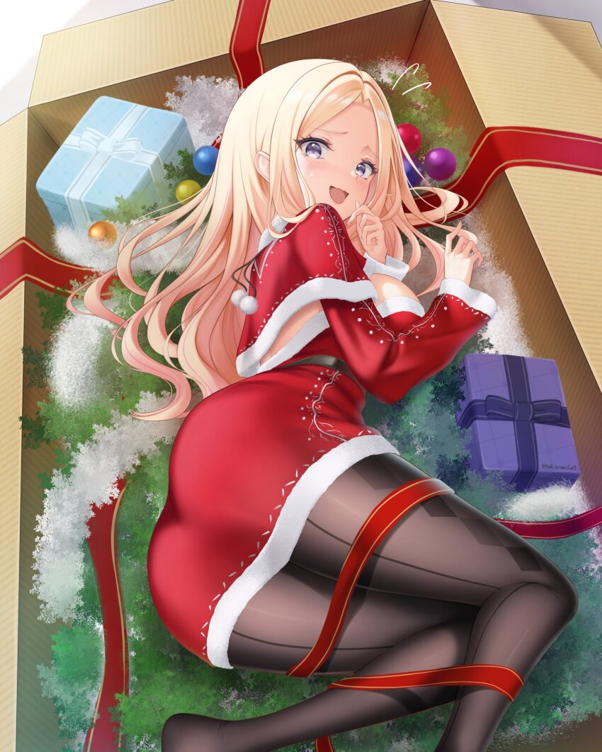 1girl akiyomi black_pantyhose blonde_hair blue_eyes blush box breasts capelet cardboard_box christmas christmas_ornaments commentary dress fur-trimmed_capelet fur-trimmed_dress fur_trim gakuen_idolmaster gift gift_box highres idolmaster in_box in_container juo_sena large_breasts long_hair long_sleeves looking_at_viewer lying multicolored_hair on_back open_mouth pantyhose pink_hair red_capelet red_dress red_ribbon ribbon santa_costume santa_dress smile solo streaked_hair symbol-only_commentary