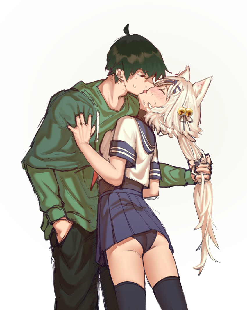1boy 1girl ass black_panties cat_girl filian_(vtuber) french_kiss grabbing_another&#039;s_hair green_jacket hair_pulled_back height_difference highres holding_another&#039;s_hair indie_virtual_youtuber jacket kiss otjareniy panties school_uniform transparent_background underwear upskirt vedal987 virtual_youtuber white_hair