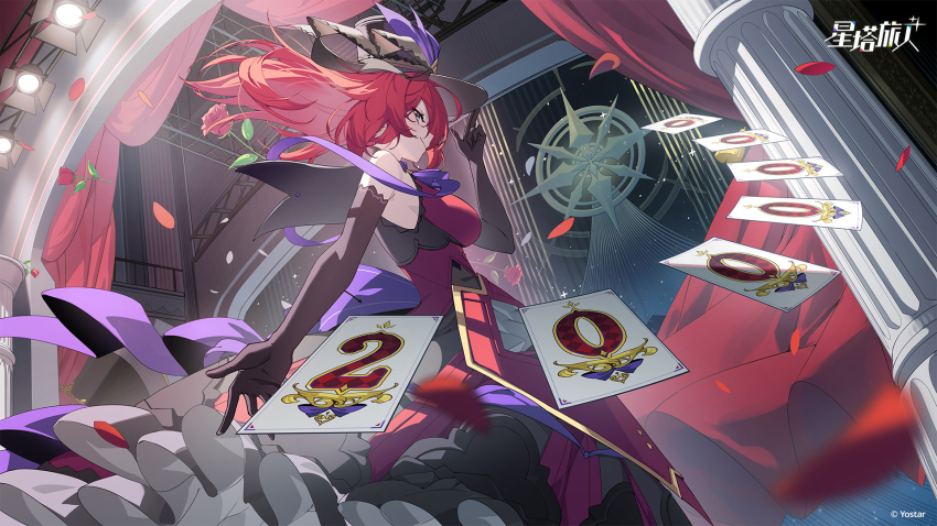 1girl armpit_crease black_gloves black_hat blue_eyes breasts card chinese_commentary closed_mouth commentary_request copyright_name copyright_notice dress elbow_gloves flora_(stella_sora) gloves hat highres indoors long_hair medium_breasts milestone_celebration official_art profile qys3 red_dress red_hair second-party_source smile solo stage stella_sora