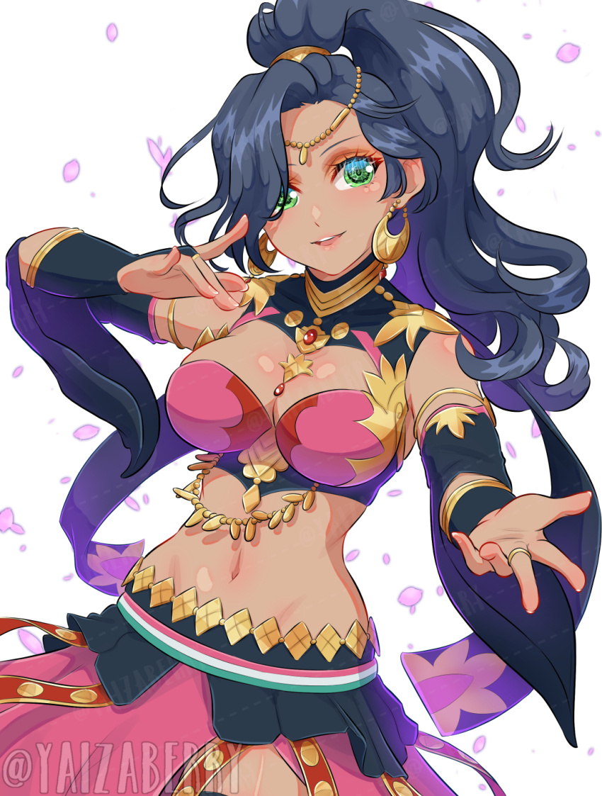 1girl blue_eyes blue_hair breasts cleavage crescent crescent_earrings dancer dark-skinned_female dark_skin earrings fire_emblem fire_emblem:_fortune's_weave gold_choker gold_earrings harem_outfit high_ponytail highres jewelry large_breasts leda_(fire_emblem) long_hair looking_at_viewer navel nintendo ponytail solo stomach yaizaberry