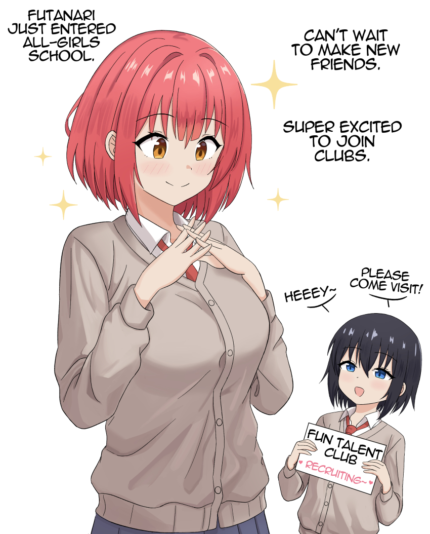 2girls :d absurdres black_hair blue_eyes blush breasts cardigan closed_mouth collarbone commentary english_commentary english_text highres holding holding_sign kurofuro large_breasts multiple_girls necktie open_mouth orange_eyes orange_hair orange_necktie original school_uniform shirt short_hair sign simple_background smile sparkle speech_bubble upper_body white_background white_shirt