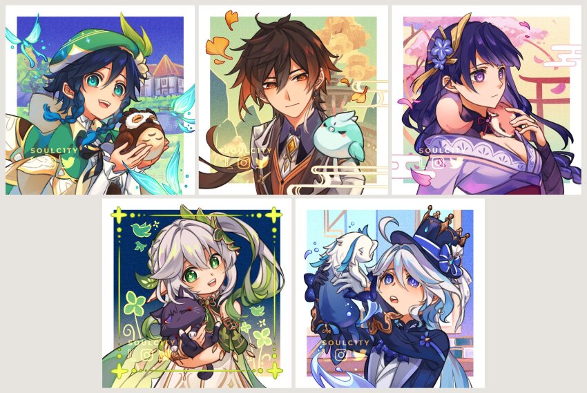 2boys 3girls :d :o ahoge animal animal_on_shoulder aqua_eyes artist_name ascot asymmetrical_gloves beret bird bird_on_shoulder black_bow black_bowtie black_gloves black_hair blue_ascot blue_bow blue_eyes blue_hair blue_hat blue_jacket blue_sky blush border bow bowtie braid breasts bridal_gauntlets brown_coat brown_eyes brown_hair brown_shirt brown_vest bug building cape capelet cat cherry_blossoms cleavage closed_mouth coat collared_shirt colored_inner_hair commentary cross-shaped_pupils crystalfly_(genshin_impact) dawn_winery detached_sleeves dress drop-shaped_pupils earrings egasumi english_commentary eyelashes falling_leaves falling_petals floating_hair flower fox frilled_sleeves frills furina_(genshin_impact) gem genshin_impact ginkgo_leaf gloves gold_trim gradient_hair green_cape green_capelet green_eyes green_hair green_hat green_sleeves grey_background hair_between_eyes hair_flower hair_intakes hair_ornament hand_up hands_up happy hat hat_bow heterochromia highres holding holding_animal holding_cat indoors instagram_logo jacket jade_chamber_(genshin_impact) japanese_clothes jewelry kimono lapels leaf leaf_hair_ornament leisurely_otter_(genshin_impact) long_hair long_sleeves looking_at_viewer low_ponytail medium_breasts medium_hair mismatched_gloves mismatched_pupils mole mole_under_eye mountain multicolored_hair multiple_boys multiple_girls nahida_(genshin_impact) necktie off_shoulder open_clothes open_jacket open_mouth orange_gem outside_border owl petals plant pointy_ears ponytail purple_eyes purple_flower purple_hair purple_kimono raiden_shogun scaramouche_(cat)_(genshin_impact) scaramouche_(genshin_impact) shirt short_sleeves side_braids side_ponytail simple_background single_braid single_earring sky sleeve_cuffs sleeveless sleeveless_dress smile soulc1ty streaked_hair swept_bangs symbol-shaped_pupils tassel tassel_earrings tassel_hair_ornament teeth top_hat torii tree twin_braids twitter_logo upper_body upper_teeth_only venti_(genshin_impact) very_long_hair vest white_border white_dress white_flower white_gloves white_hair white_necktie white_shirt window wing_collar xiao_(bird)_(genshin_impact) xiao_(genshin_impact) yae_miko yae_miko_(fox) zhongli_(genshin_impact)