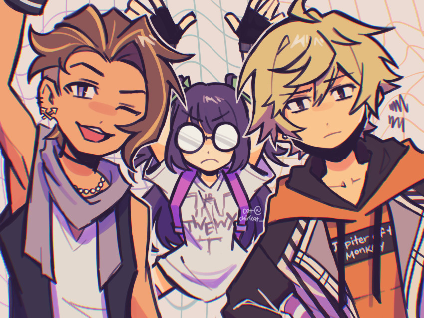 1girl 2boys backpack bag black_coat blonde_hair brown_eyes brown_hair clothes_writing coat derivative_work ear_piercing eyebrows_hidden_by_hair face_mask fingerless_gloves furesawa_tosai glasses gloves grey_scarf hands_up hoodie jewelry kanade_rindo mask mouth_mask multicolored_hair multiple_boys necklace one_eye_closed open_mouth orange_hoodie pearl_necklace piercing purple_hair round_eyewear scarf screenshot_redraw shin_subarashiki_kono_sekai shirt smile subarashiki_kono_sekai two-tone_hair usui_nagi white_shirt wink