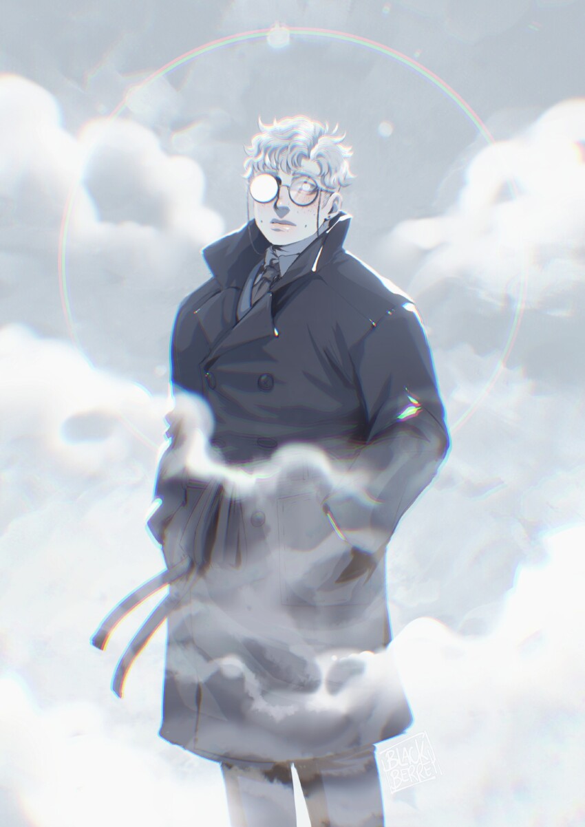 1boy blackberreh-art blush cloud coat colored_skin design_speculation dimple fog freckles glasses highres lips male_focus martin_blackwood necktie nose shirt short_hair solo the_magnus_archives trench_coat very_short_hair white_hair white_skin