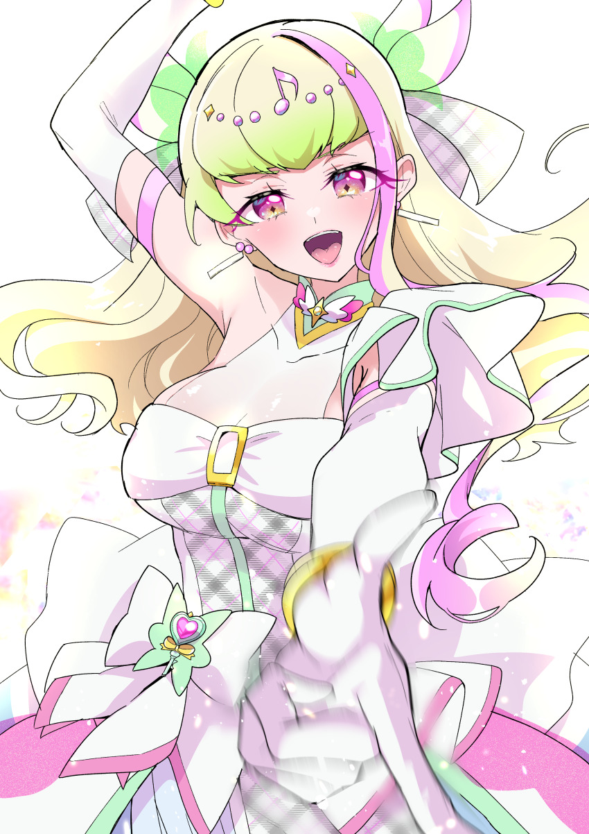 1girl absurdres arm_up armpits bare_shoulders blonde_hair blush bracelet breasts choker cleavage commentary cure_zukyuun dress earrings elbow_gloves finger_gun floating_hair fortissimo frilled_dress frills gloves hair_ornament hair_ribbon highres jewelry kimi_to_idol_precure looking_at_viewer mikorin motion_blur multiple_earrings musical_note musical_note_hair_ornament open_mouth pearl_earrings plaid_clothes plaid_dress precure purirun_(precure) ribbon simple_background single_bare_shoulder sleeveless sleeveless_dress smile solo standing tongue upper_body white_background white_dress white_gloves