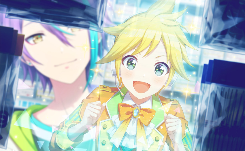 2boys :d ascot blonde_hair blue_hair blurry blurry_background brooch closed_mouth coat collared_shirt colorful_palette game_cg green_eyes hair_between_eyes headset highres jewelry junpaku_no_anata_e_chikai_no_uta_wo!_(project_sekai) kagamine_len kamishiro_rui looking_at_viewer male_focus multiple_boys official_art open_mouth orange_coat project_sekai purple_hair shirt short_hair smile sparkle third-party_source tongue triangle two-tone_background vocaloid white_ascot white_shirt wonderlands_x_showtime_len yellow_eyes