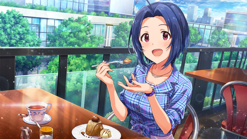 1girl ahoge blue_hair blue_skirt blush breasts chair city coffee commentary_request day dessert food game_cg holding holding_spoon idolmaster idolmaster_(classic) idolmaster_million_live! idolmaster_million_live!_theater_days jewelry large_breasts looking_at_viewer miura_azusa necklace official_art on_chair open_mouth outdoors plaid_clothes plaid_shirt purple_eyes shirt short_hair sitting skirt smile solo spoon table third-party_source