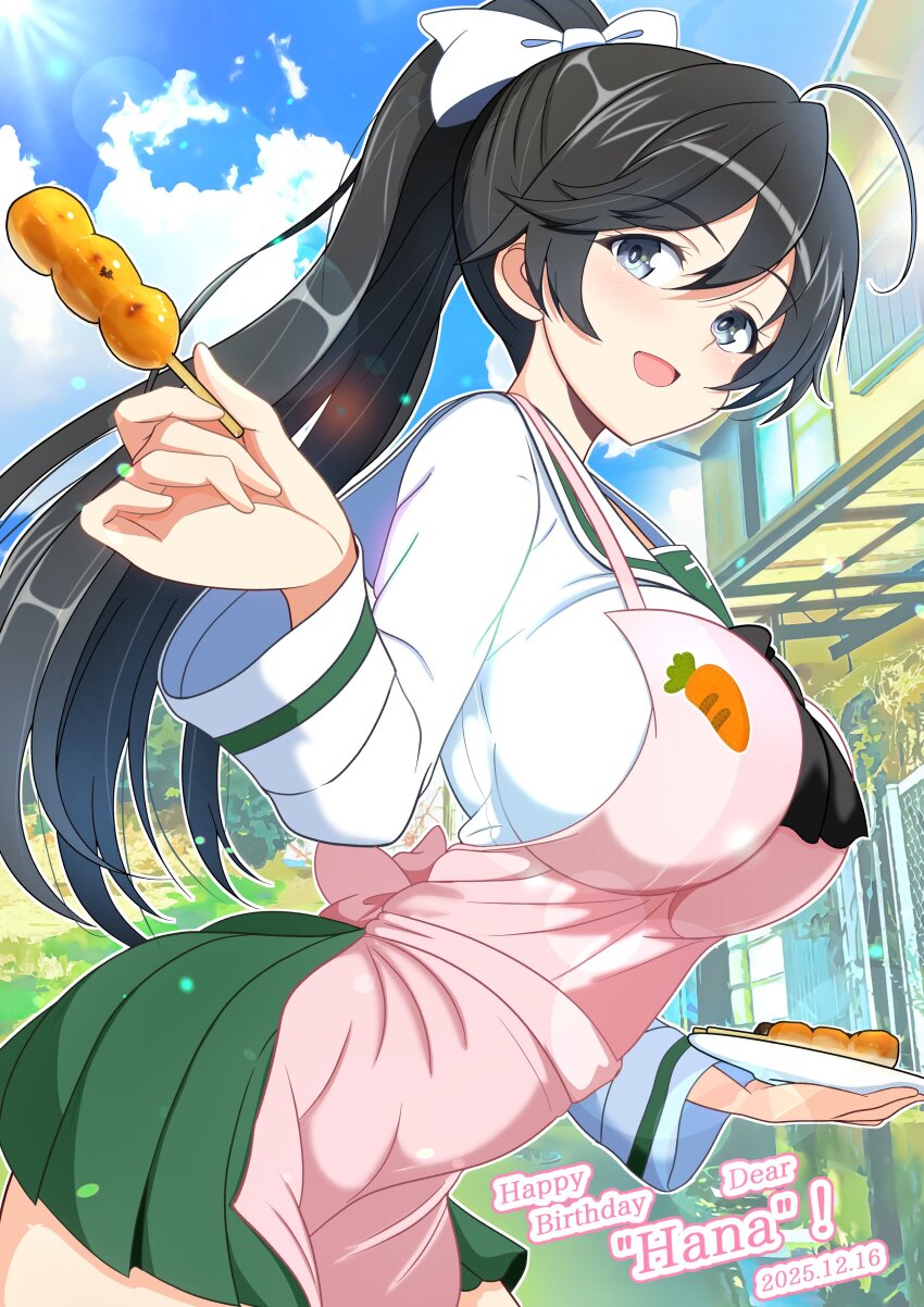 1girl :d absurdres ahoge apron black_hair blue_sky bow breasts building commentary_request dango dated day english_text food girls_und_panzer gratin_(kumaisao) green_skirt grey_eyes hair_between_eyes hair_bow happy_birthday highres holding holding_food holding_skewer house isuzu_hana large_breasts long_hair open_mouth outdoors pink_apron plate pleated_skirt ponytail sailor_collar shirt sidelocks skewer skirt sky smile solo standing taut_clothes taut_shirt wagashi white_bow white_sailor_collar white_shirt window