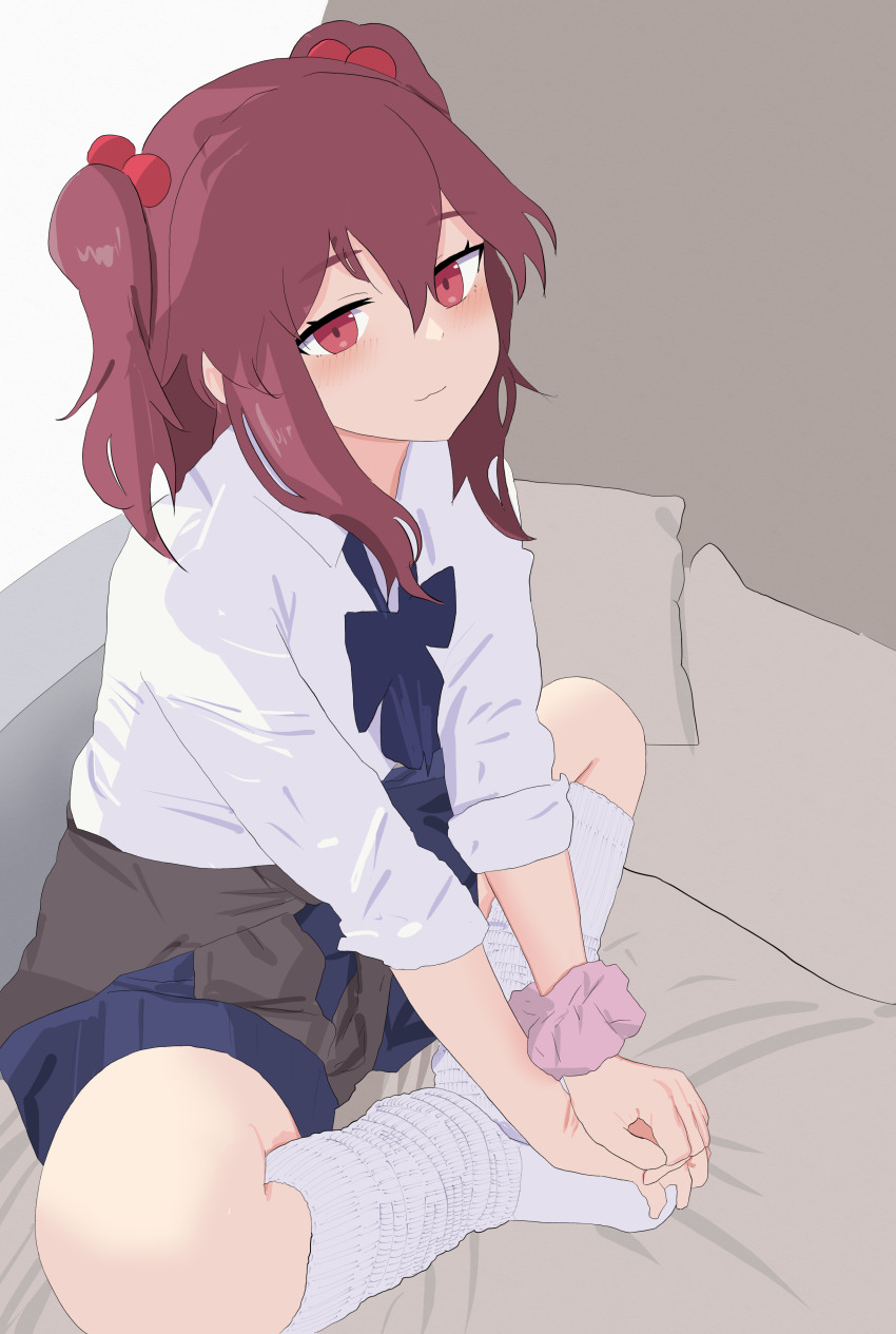 1girl :3 absurdres alternate_costume beads blue_bow blue_bowtie blue_skirt blush bow bowtie butterfly_sitting cardigan cardigan_around_waist clothes_around_waist commentary_request contemporary doubutsu_koujou grey_cardigan hair_beads hair_ornament highres light_smile long_hair looking_at_viewer loose_socks onozuka_komachi red_eyes red_hair scrunchie shirt sitting skirt socks solo touhou two_side_up white_shirt white_socks wrist_scrunchie