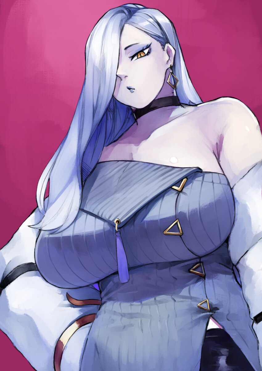 1girl absurdres bare_shoulders black_shorts blue_lips breasts choker cleavage commentary_request dress earrings eyeliner fate/grand_order fate_(series) grey_dress grey_hair gumi_(the_eye_of_darkness) hair_over_one_eye highres hoop_earrings jacket jewelry large_breasts long_hair long_sleeves looking_at_viewer makeup mrs._snake_(fate) off_shoulder shorts solo sweater sweater_dress tassel white_jacket yellow_eyes