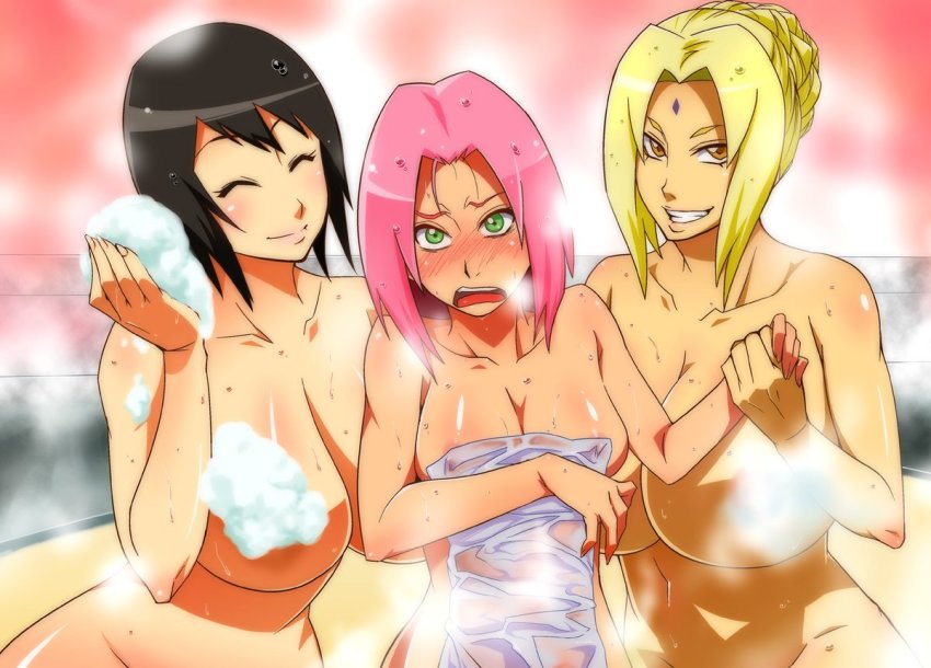 3girls bathroom black_hair blonde_hair blush breasts brown_eyes closed_eyes convenient_censoring embarrassed facial_mark forehead_mark haruno_sakura holding_hands karakishi_youhei-dan large_breasts looking_at_viewer multiple_girls naruto_(classic) naruto_(series) nude pink_hair sahara_wataru shizune_(naruto) short_hair smile soap soap_bubbles soap_censor steam towel tsunade_(naruto) washing_another wet wet_hair