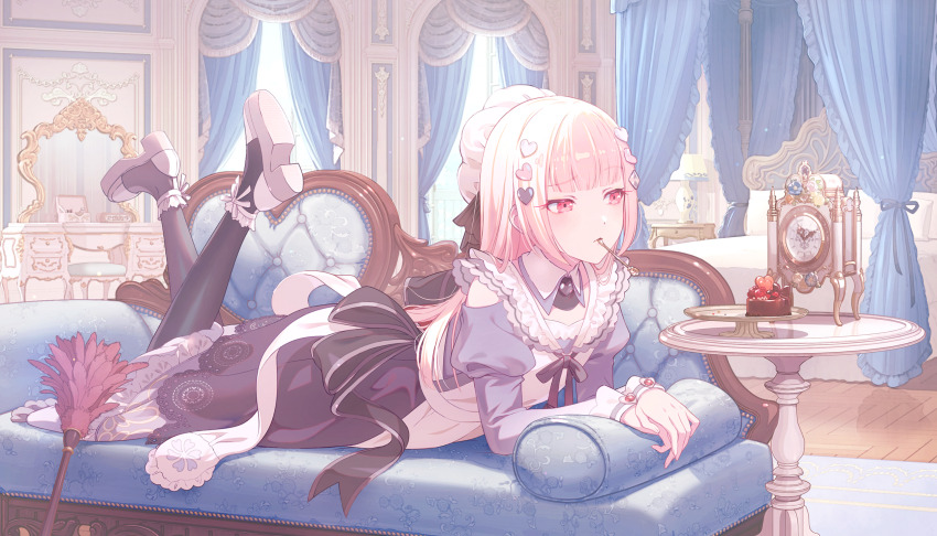 1other akiyama_mizuki apron back_ribbon black_pantyhose cake chocolate_cake clock closed_mouth clothing_cutout colorful_palette curtains detached_collar diamond_hair_ornament dress feet_up food frilled_skirt frills funsai_seyo!_unvalentine_no_fukushuu_(project_sekai) game_cg hair_ornament hat heart heart_hair_ornament highres juliet_sleeves lace lace-trimmed_dress lace_trim light_blush long_sleeves looking_at_food low_block_heels lying mirror official_alternate_costume official_alternate_hairstyle official_art on_stomach other_focus pantyhose pink_eyes pink_hair plate project_sekai puffy_sleeves purple_dress shoes shoulder_cutout skirt solo third-party_source utensil utensil_in_mouth white_apron white_shoes white_skirt
