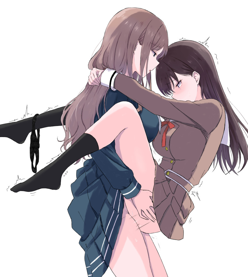 2girls absurdres arms_around_neck bang_dream! bang_dream!_it's_mygo!!!!! black_eyes black_hair black_panties black_socks blue_shirt blue_skirt blush breasts brown_hair brown_shirt brown_skirt chinese_commentary clothed_sex clothes_lift commentary_request da_ge_xiao_xian emotionless_sex empty_eyes expressionless from_side furrowed_brow futa_with_female futanari hair_behind_ear hanasakigawa_school_uniform highres implied_futanari large_breasts long_hair looking_at_another miniskirt mole mole_under_eye motion_lines multiple_girls nagasaki_soyo neck_ribbon no_shoes nose_blush panties panties_around_one_ankle parted_lips pleated_skirt profile purple_eyes red_ribbon ribbon school_uniform sex shiina_taki shirt skirt skirt_lift skirt_set sleeve_cuffs socks speed_lines standing straight_hair suspended_congress tsukinomori_school_uniform twitching underwear white_background winter_uniform