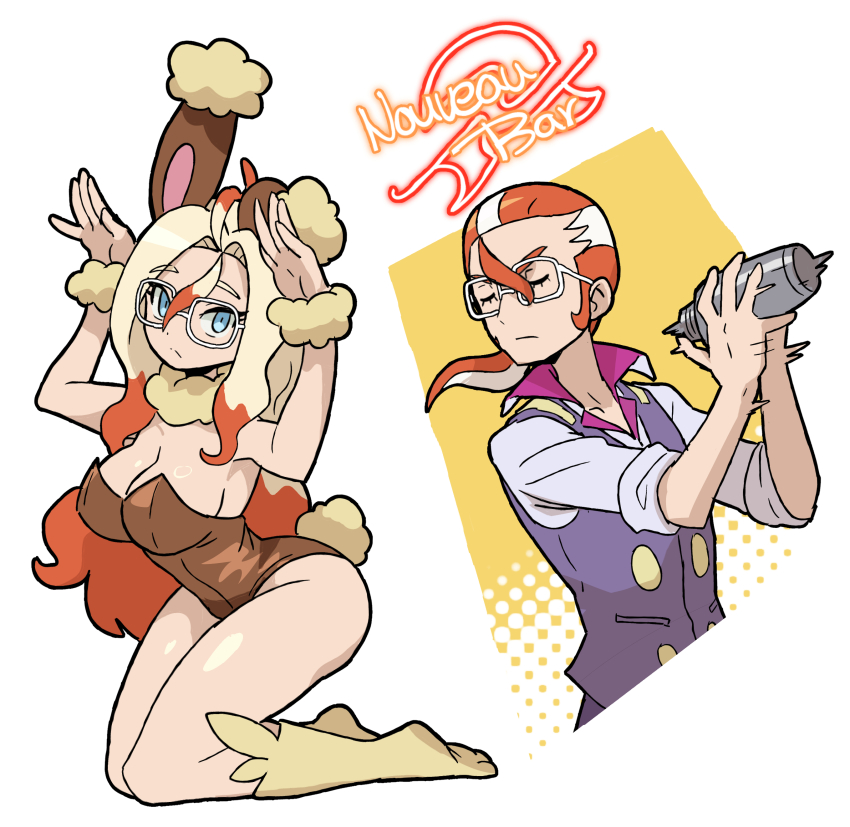 1boy 1girl absurdres animal_ears blonde_hair blue_eyes breasts brown_leotard buneary buneary_(cosplay) closed_eyes closed_mouth cocktail_shaker collared_shirt colored_tips cosplay curtained_hair detached_collar dot_nose fake_animal_ears fake_tail full_body fur_collar fur_wrist_cuffs gen_4_pokemon gen_6_pokemon griselle_(pokemon) grisham_(pokemon) hair_between_eyes hair_pulled_back hands_up highleg highleg_leotard highres holding_cocktail_shaker kneeling leotard long_hair loose_hair_strand lopunny lopunny_(cosplay) low_ponytail malamar malamar_(cosplay) motion_blur multicolored_hair neon_sign nintendo nontraditional_playboy_bunny orange_hair playboy_pokemon pokemon pokemon_legends:_z-a ponytail purple_vest rabbit_ears rabbit_pose rabbit_tail sach56000 shaking shiny_skin shirt short_ponytail sleeves_rolled_up socks split_mouth strapless strapless_leotard streaked_hair tail thighs two-tone_hair vest white-framed_eyewear white_background white_hair wrist_cuffs yellow_socks