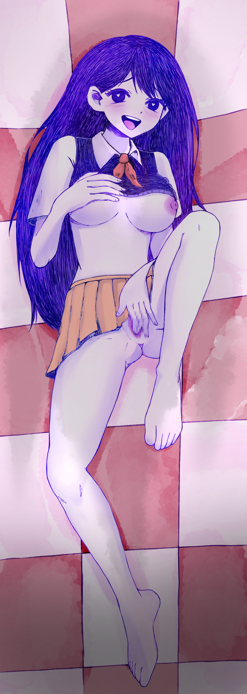 1girl :d absurdres anus aroused bare_arms barefoot blush breasts breasts_apart bright_pupils brown_skirt censored clothes_lift collared_shirt commentary dakimakura_(medium) double-parted_bangs english_commentary female_masturbation fingering fingernails full_body hair_behind_ear hair_spread_out hand_on_own_chest happy_sex hatching_(texture) heart heart-shaped_pupils highres knee_up long_hair lying mari_(headspace)_(omori) mari_(omori) masturbation medium_breasts miniskirt mosaic_censoring neckerchief nipples no_panties no_sclera omocat_(style) omori on_back open_mouth picnic_blanket pleated_skirt purple_eyes purple_hair purple_sweater_vest pussy raised_inner_eyebrows red_neckerchief round_teeth shadow shirt shirt_lift short_sleeves skirt skirt_lift smile solo sweater_vest sweater_vest_lift swept_bangs symbol-shaped_pupils teeth toes tongue upper_teeth_only vaginal variant_set vegasvat1 very_long_hair white_pupils white_shirt