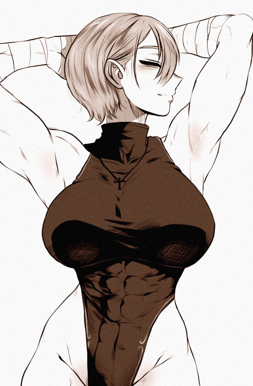1girl armpits arms_up bandaged_arm bandages breasts closed_eyes commentary covered_abs cross cross_necklace english_commentary hair_behind_ear highres jewelry large_breasts leotard monochrome muscular muscular_female necklace original short_hair solo spoiledmuffin