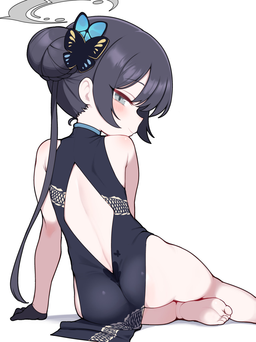 1girl absurdres ass back_cutout barefoot black_dress black_gloves black_hair blue_archive butterfly_hair_ornament china_dress chinese_clothes clothing_cutout dragon_print dress gloves grey_eyes hair_bun hair_ornament halo highres kisaki_(blue_archive) lk149 loli long_hair simple_background solo twintails white_background