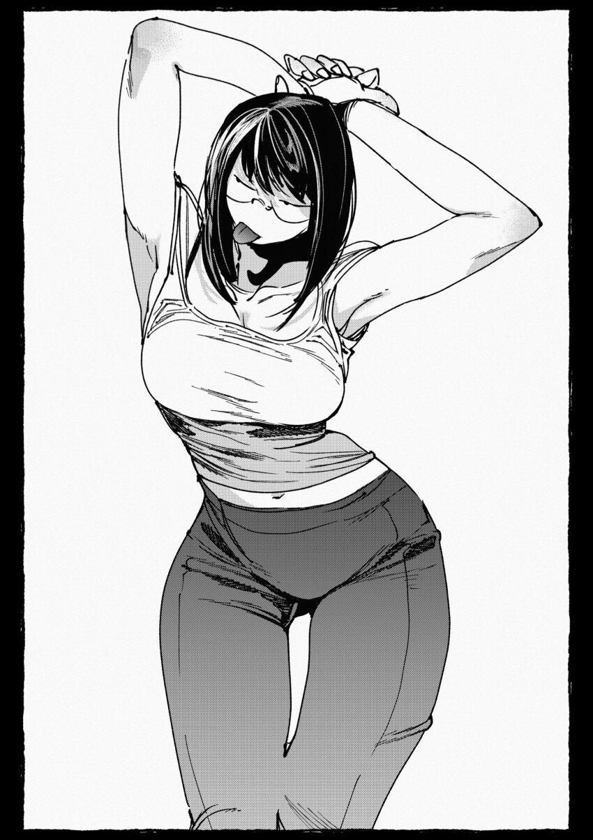 1girl :p armpits arms_behind_head black_border border breasts cowboy_shot glasses greyscale hachinuki_tessei highres jimiko jitome long_hair looking_to_the_side medium_breasts midriff mob_face moire monochrome navel original pants round_eyewear semi-rimless_eyewear she_(hachinuki_tetsuyo) solo stretching tank_top thigh_gap tongue tongue_out under-rim_eyewear wide_hips